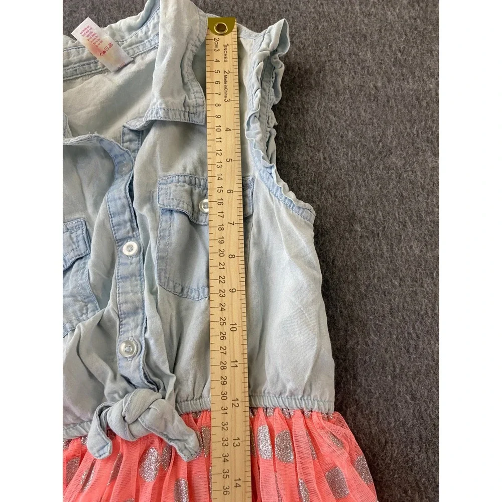Justice Girls Denim and Coral Pink Tulle Glitter Polka Dot Dress Size 12